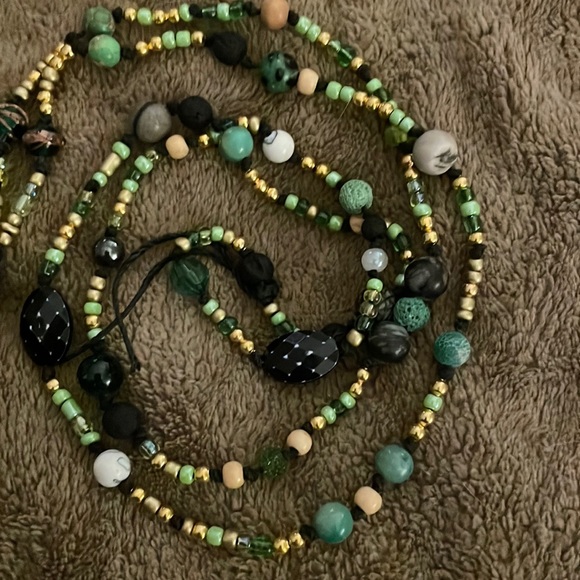 Handmade Artisan Upcycled Long Boho Hemp Beaded Tassel Necklace Green & Black - Picture 4 of 4
